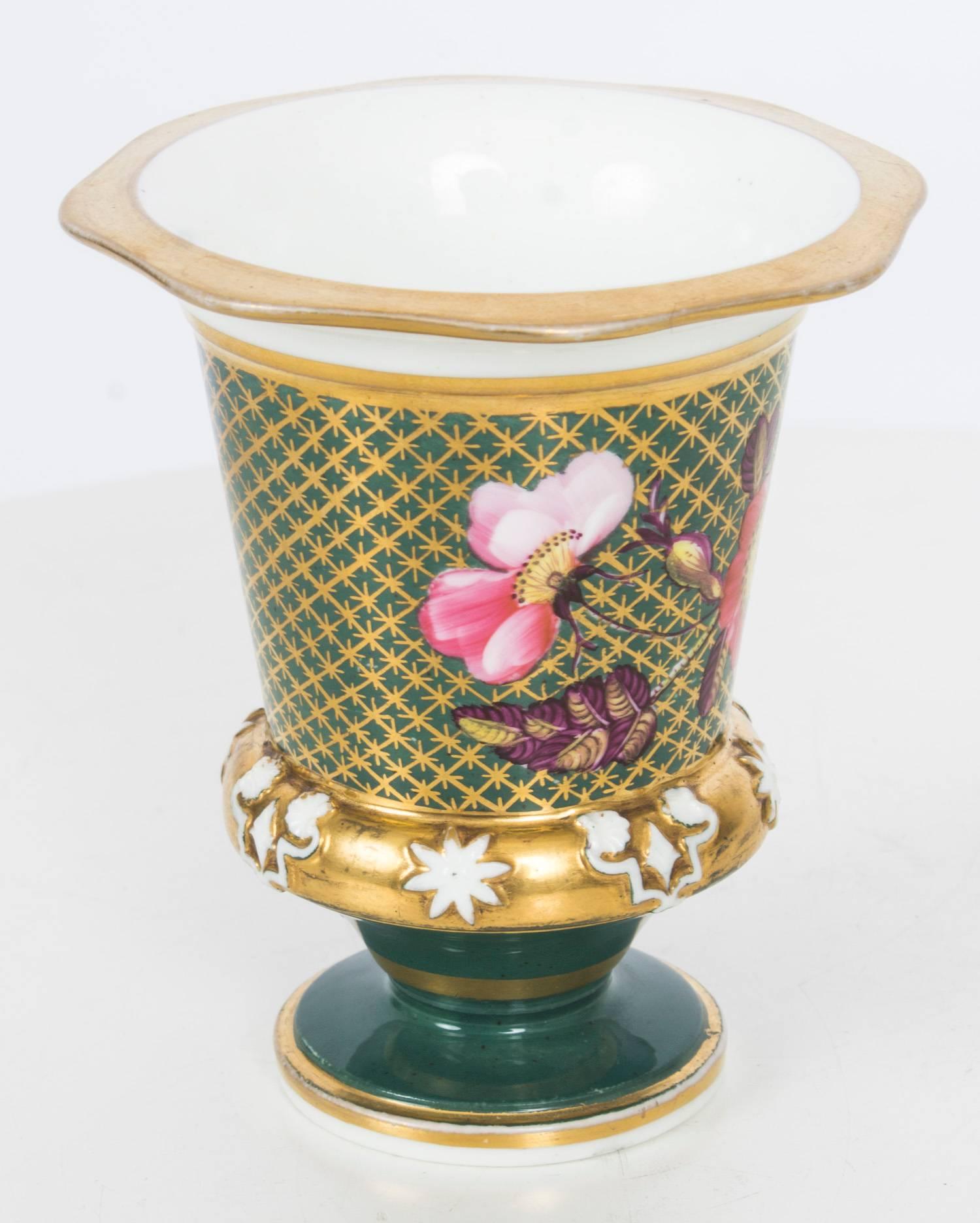 Porcelain Antique Pair of Green and Gilt Regency English Beaker Matchpots, 19th Century