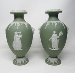 Antique Pair of Green Wedgwood Jasper Ware Urns Vases Mythological Scenes
