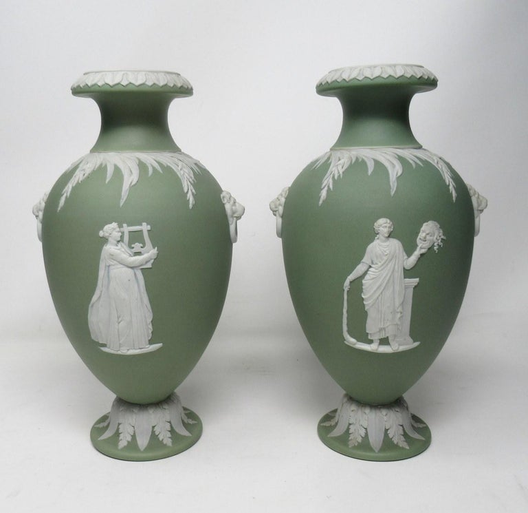 Antique Pair Green Wedgwood Jasper Ware Urns Vases Mythological
