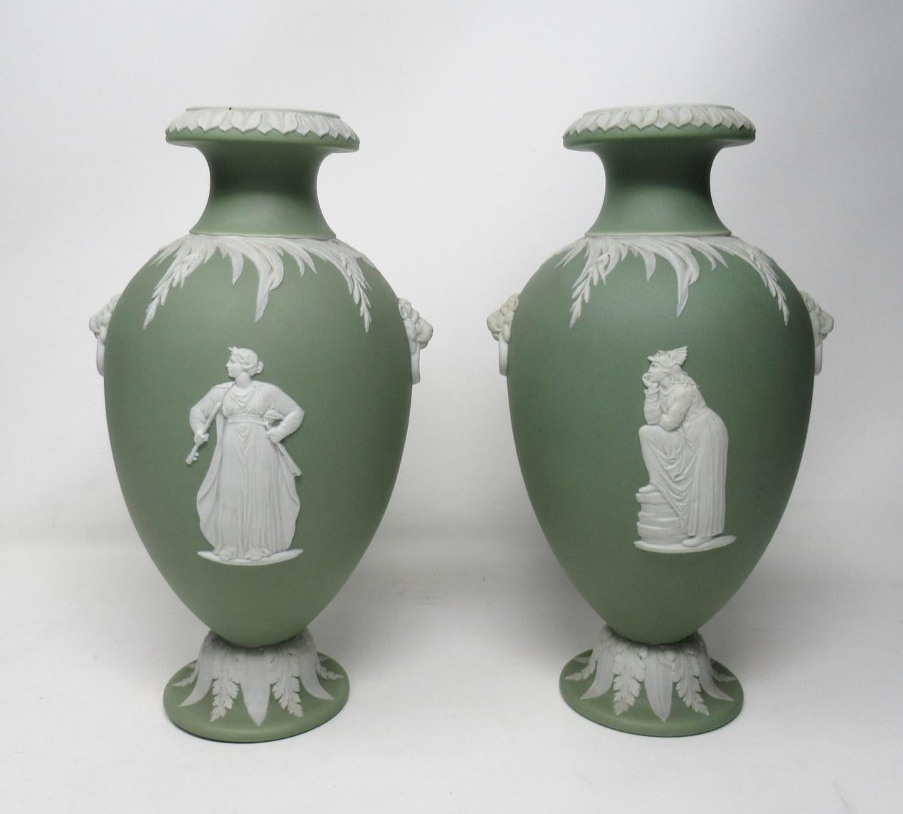English Antique Pair of Green Wedgwood Jasper Ware Urns Vases Mythological Scenes