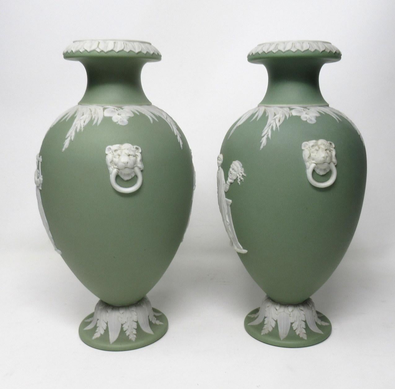 Hand-Painted Antique Pair of Green Wedgwood Jasper Ware Urns Vases Mythological Scenes