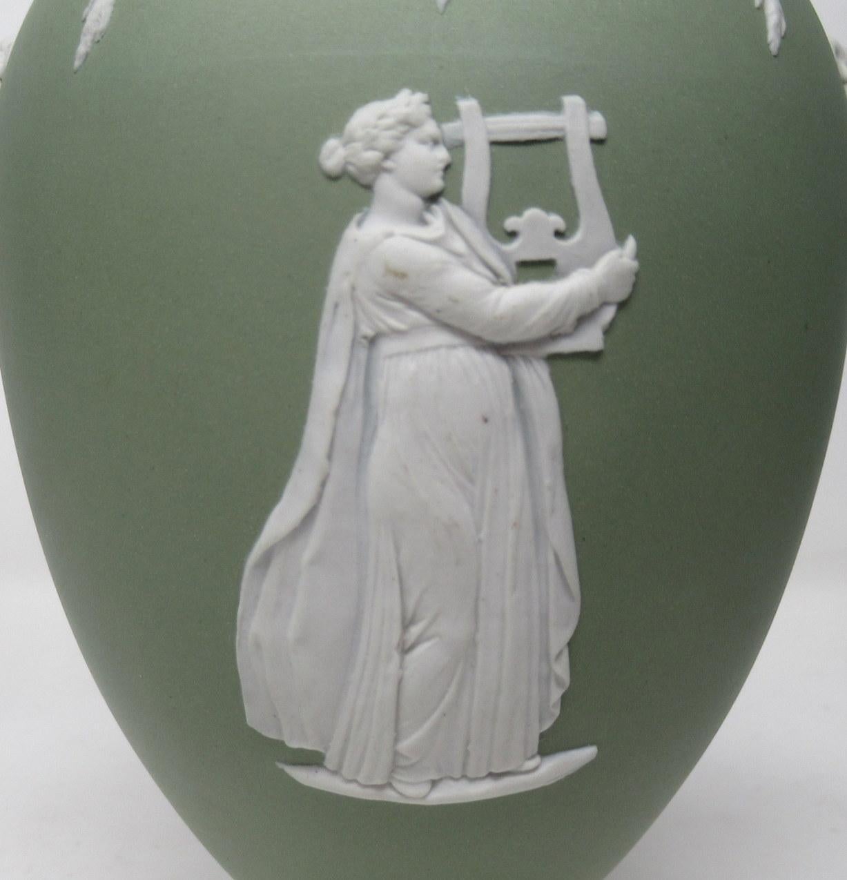 Mid-19th Century Antique Pair of Green Wedgwood Jasper Ware Urns Vases Mythological Scenes