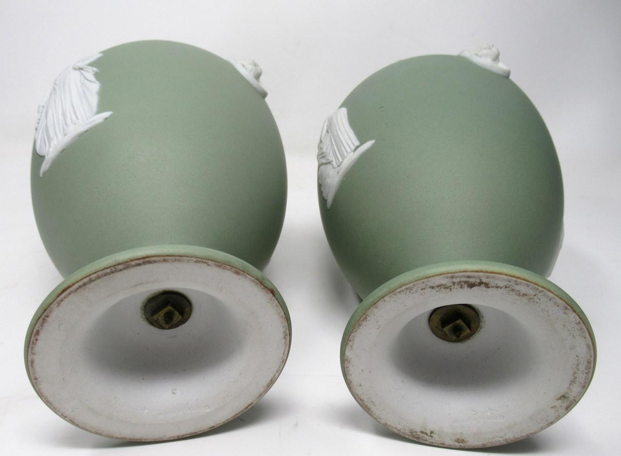 Ceramic Antique Pair of Green Wedgwood Jasper Ware Urns Vases Mythological Scenes