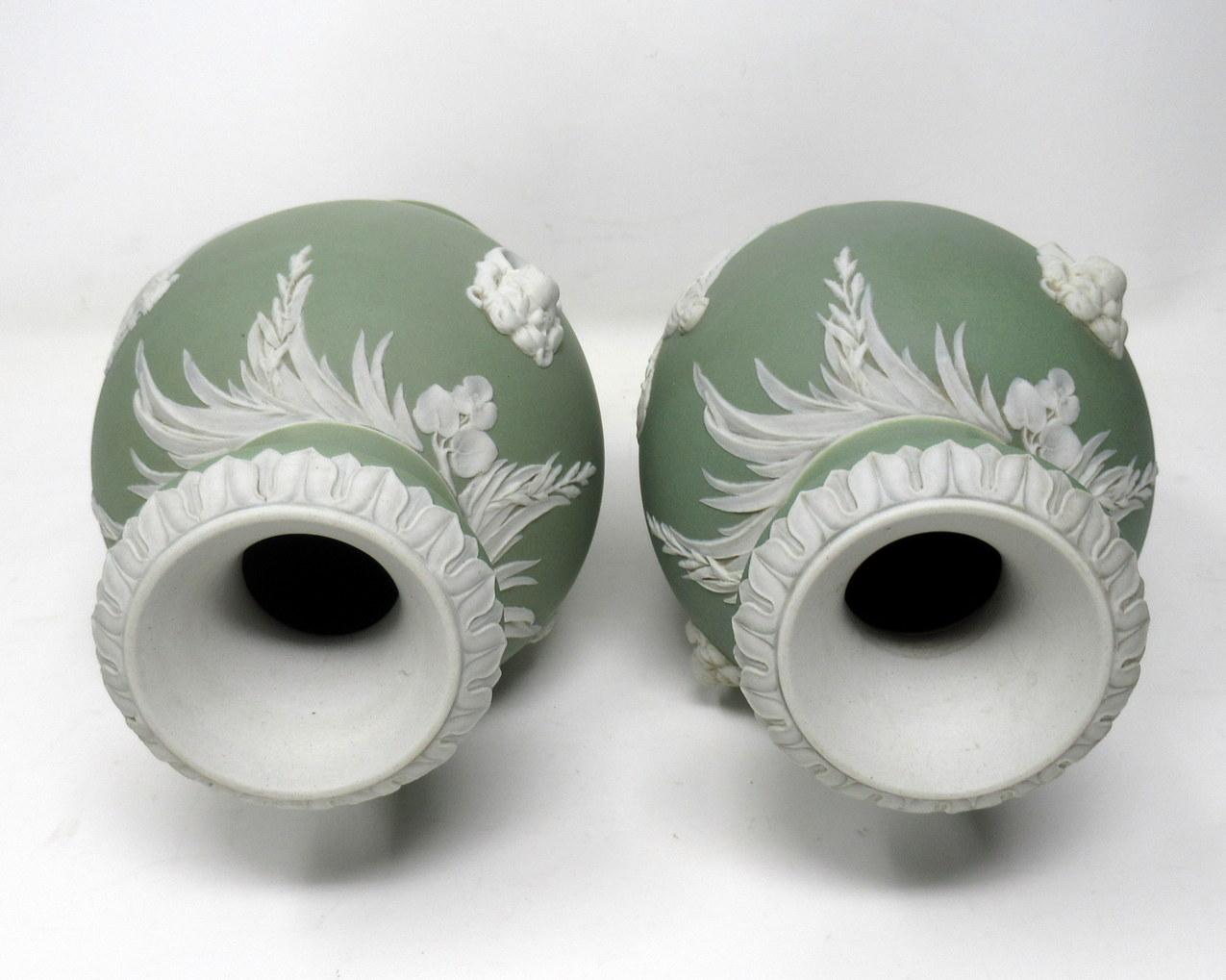 Antique Pair of Green Wedgwood Jasper Ware Urns Vases Mythological Scenes 1