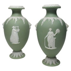 Antique Pair of Green Wedgwood Jasper Ware Urns Vases Mythological Scenes