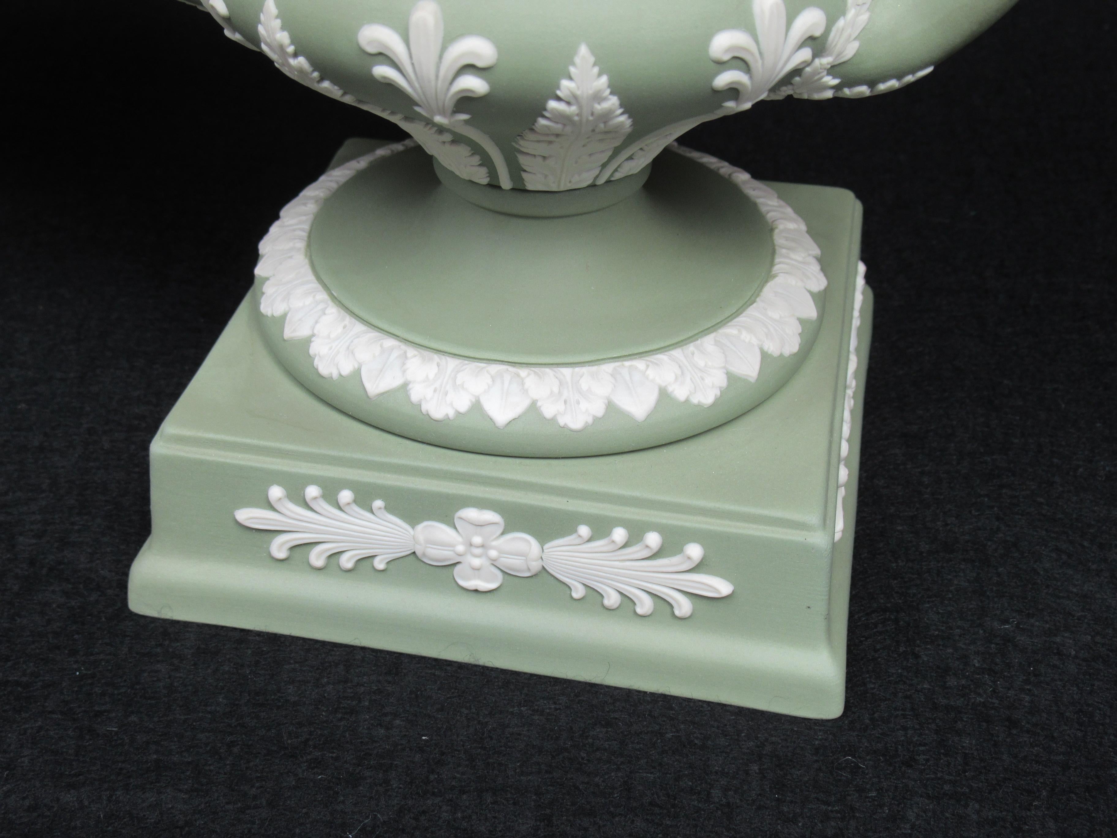 English Antique Pair of Green Wedgwood Jasperware Ceramic Urns Vases Mythological Scenes
