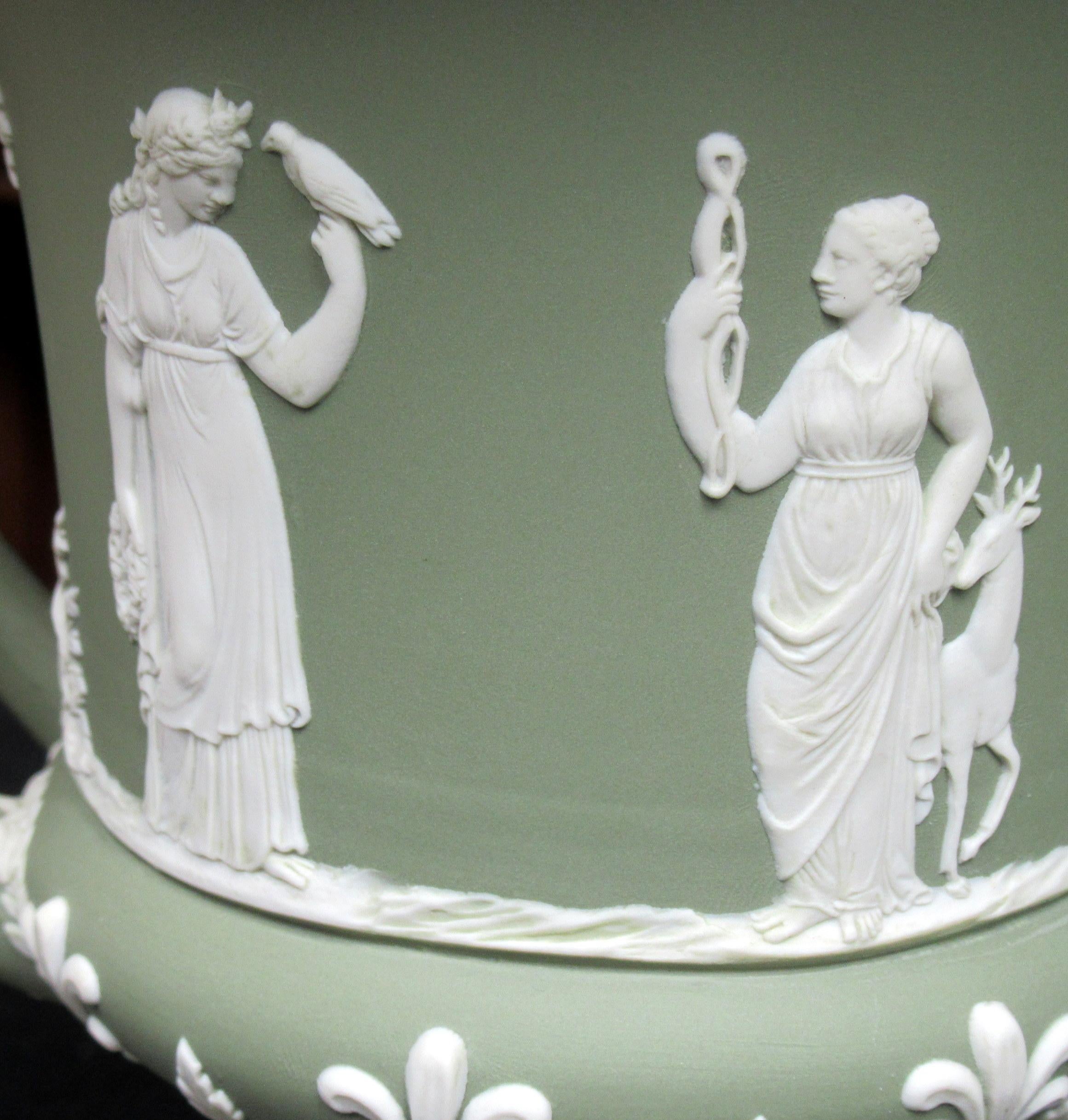 20th Century Antique Pair of Green Wedgwood Jasperware Ceramic Urns Vases Mythological Scenes