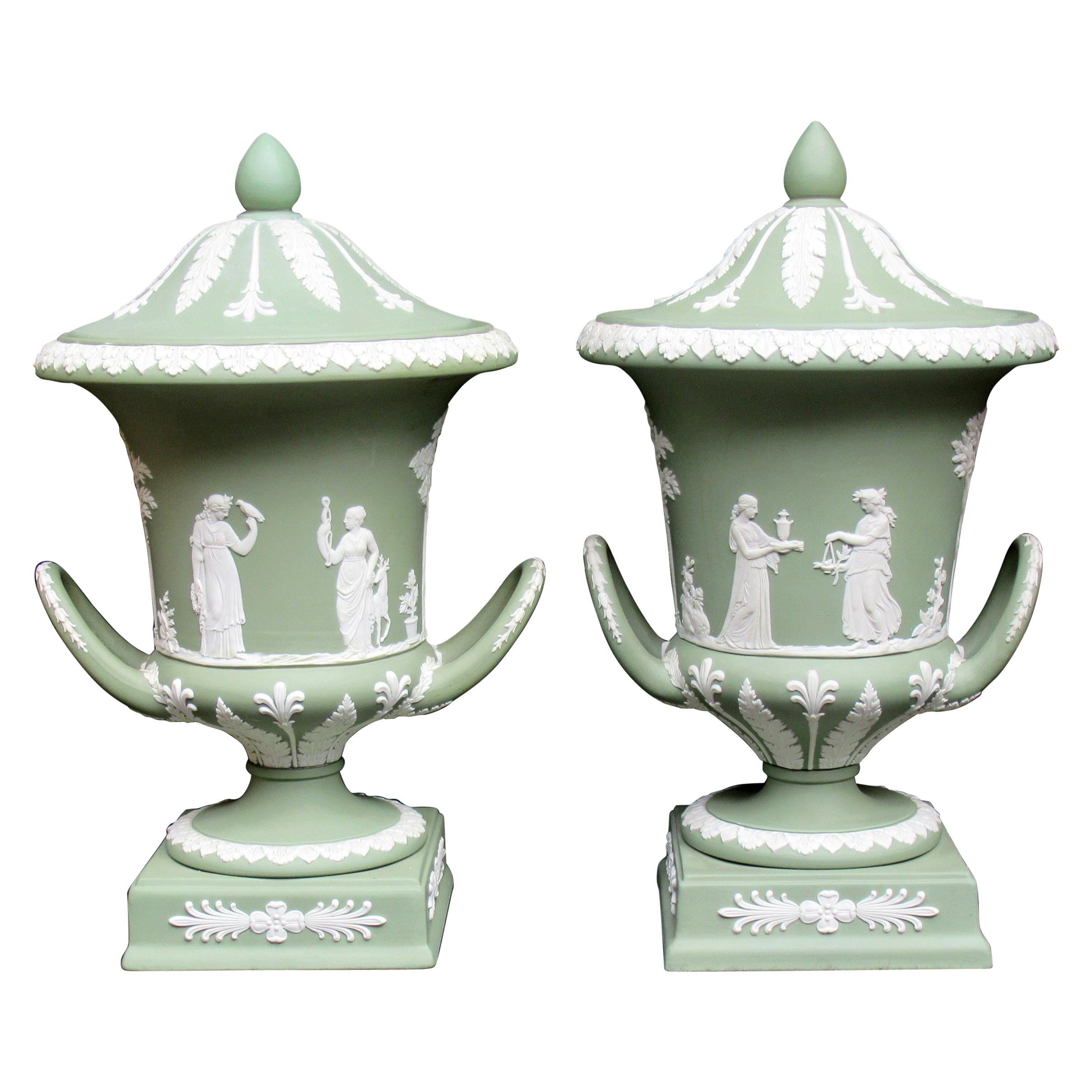 Antique Pair of Green Wedgwood Jasperware Ceramic Urns Vases Mythological Scenes