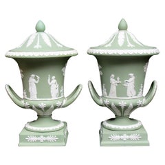 Antique Pair of Green Wedgwood Jasperware Ceramic Urns Vases Mythological Scenes