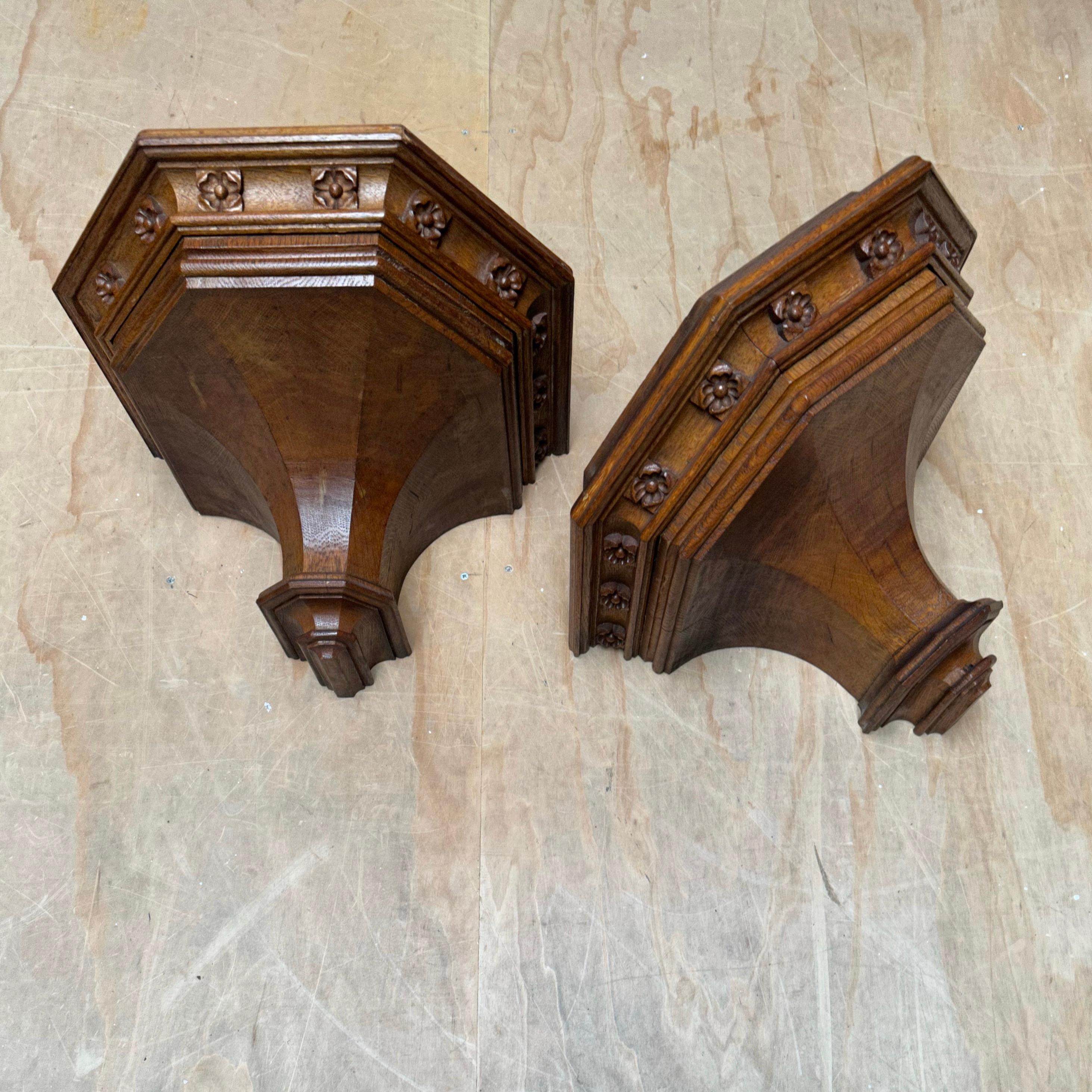 Antique Pair Hand Carved Gothic Revival Wall Brackets, Shelfs w Quality Carvings 6