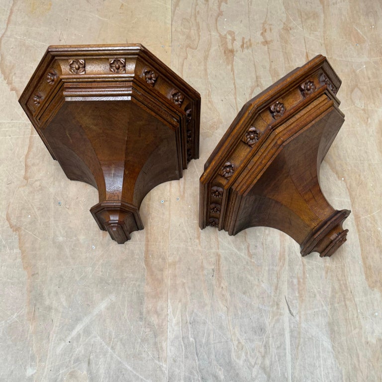 Antique Pair Hand Carved Gothic Revival Wall Brackets, Shelfs w Quality Carvings For Sale 6