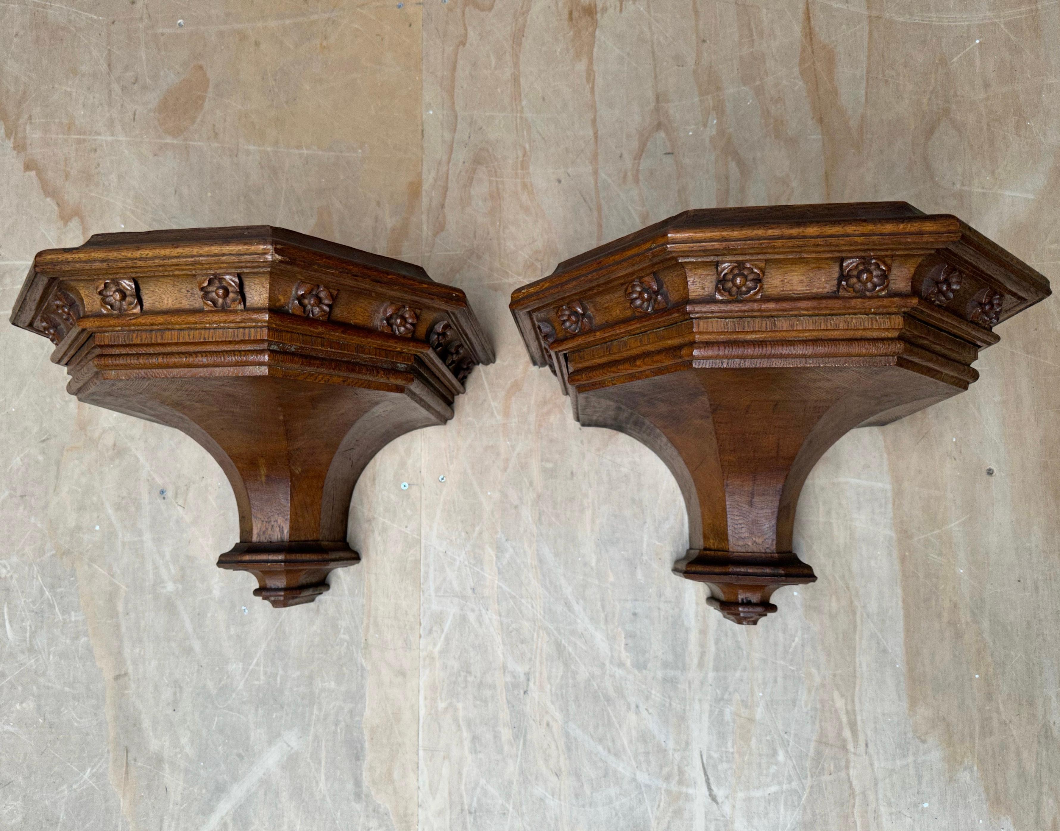 Antique Pair Hand Carved Gothic Revival Wall Brackets, Shelfs w Quality Carvings 8
