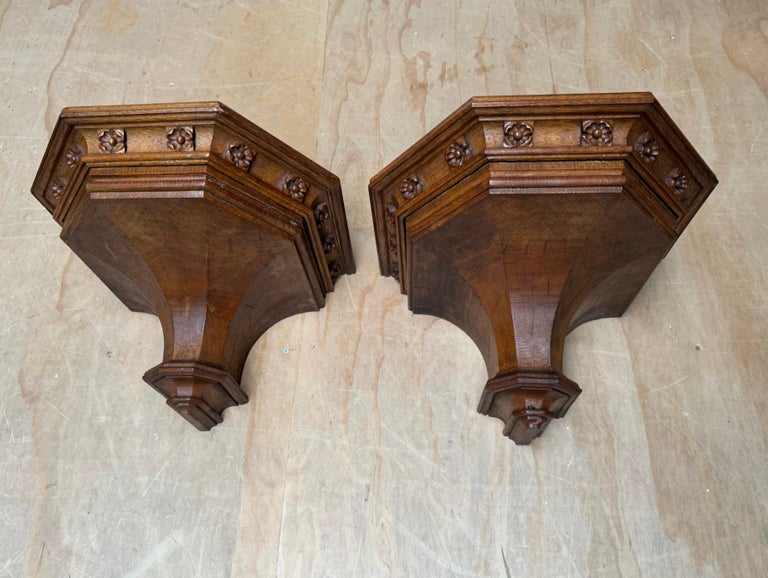 Antique Pair Hand Carved Gothic Revival Wall Brackets, Shelfs w Quality Carvings For Sale 10