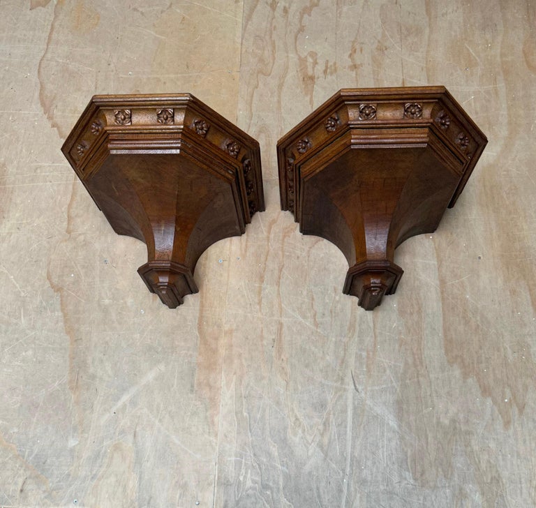 Antique Pair Hand Carved Gothic Revival Wall Brackets, Shelfs w Quality Carvings For Sale 11