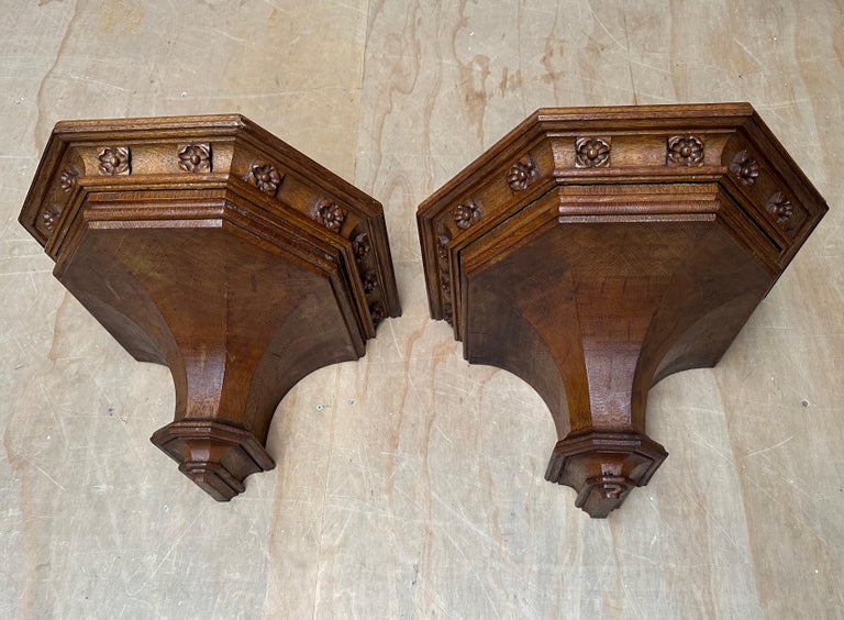 Finest quality and great condition set of Gothic Art wall consoles, brackets / sculpture stands. 

These good size architectural church brackets could be the perfect pair of display pieces for your saint sculptures and a great addition to your