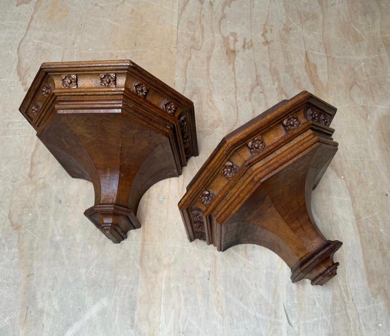 Antique Pair Hand Carved Gothic Revival Wall Brackets, Shelfs w Quality Carvings For Sale 1