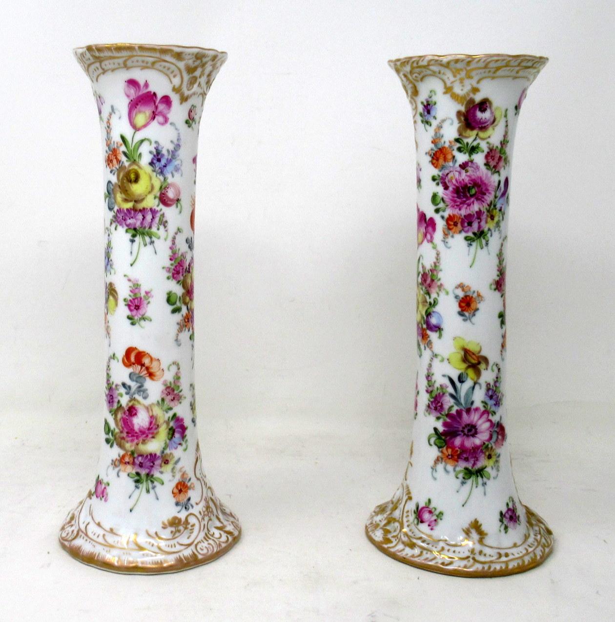 German Antique Pair Hand Decorated Meissen Dresden Vases Urns Still Life Flowers Gilt