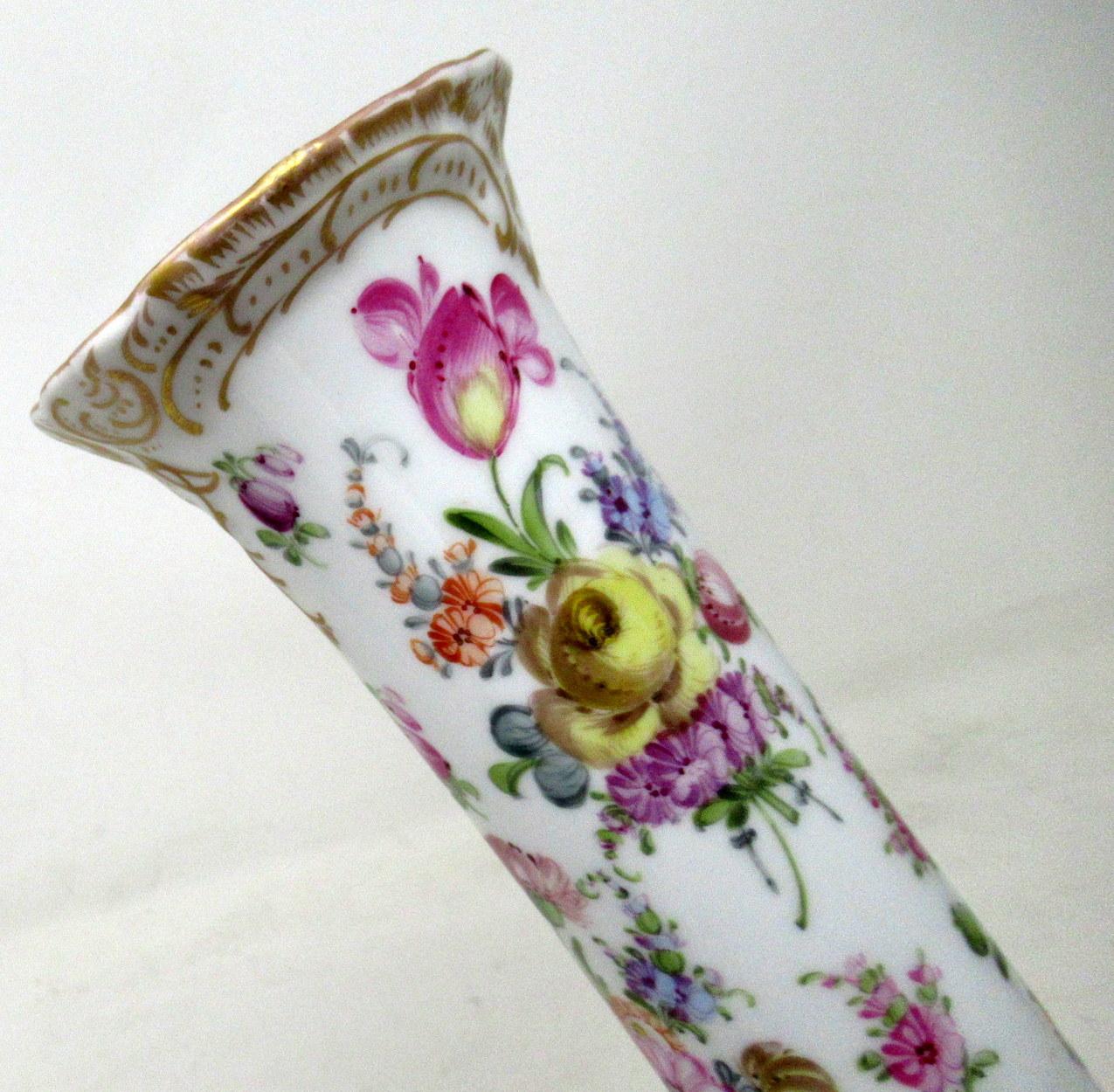 19th Century Antique Pair Hand Decorated Meissen Dresden Vases Urns Still Life Flowers Gilt