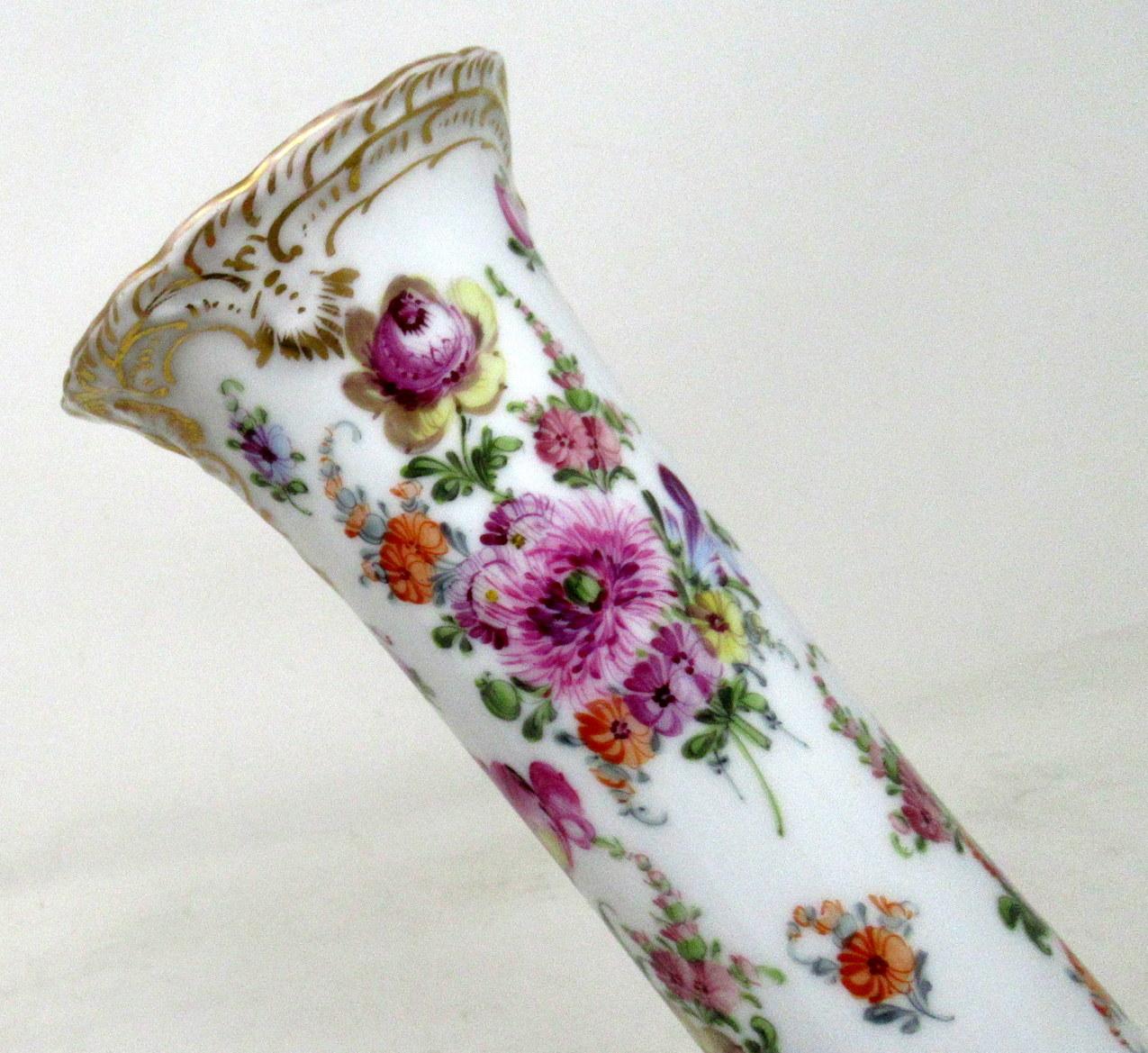 Antique Pair Hand Decorated Meissen Dresden Vases Urns Still Life Flowers Gilt 1