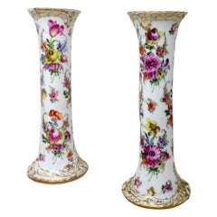 Antique Pair Hand Decorated Meissen Dresden Vases Urns Still Life Flowers Gilt