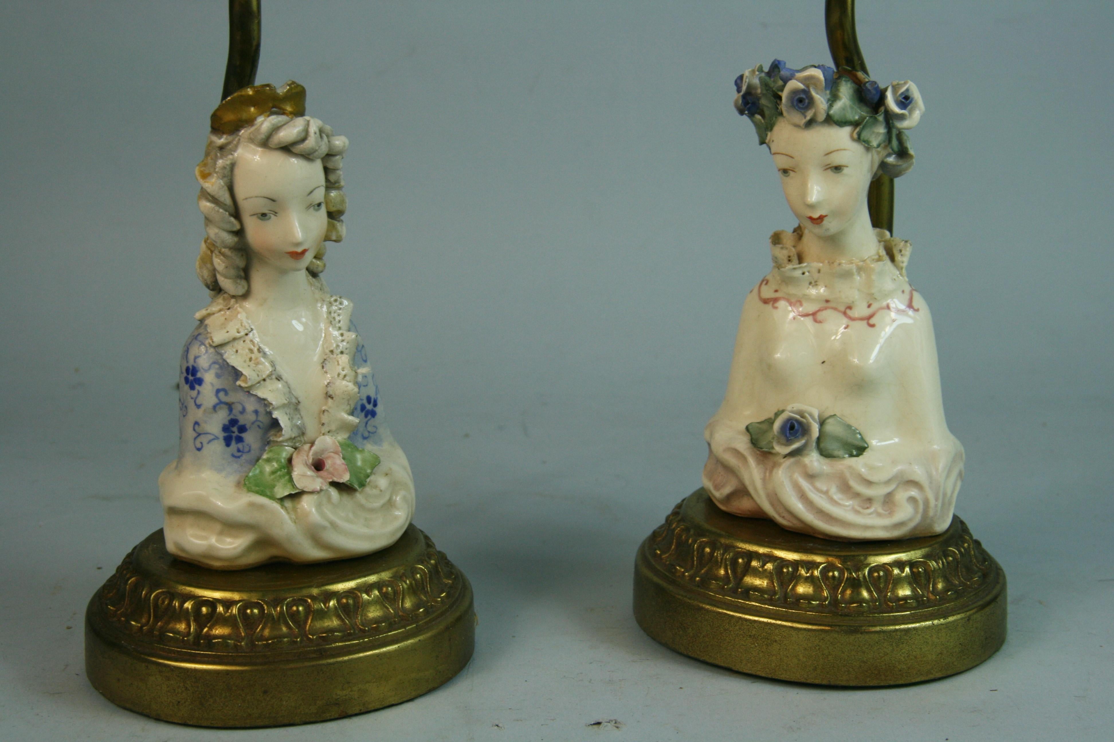 1638 Antique pair English hand painted porcelain figural lamps
Height to top socket 12