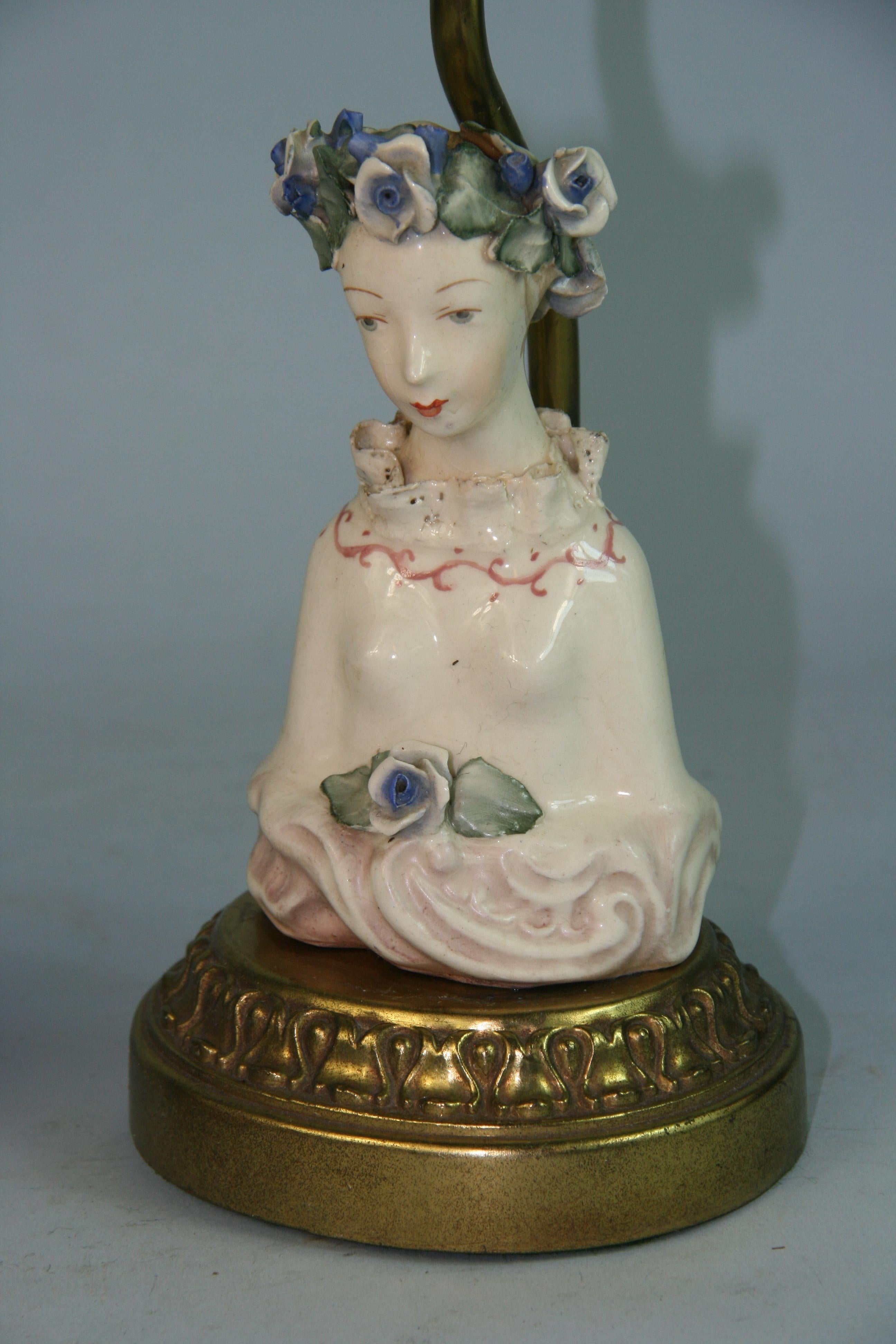 Antique Pair Hand Painted English Porcelain Figural Lamps In Good Condition For Sale In Douglas Manor, NY