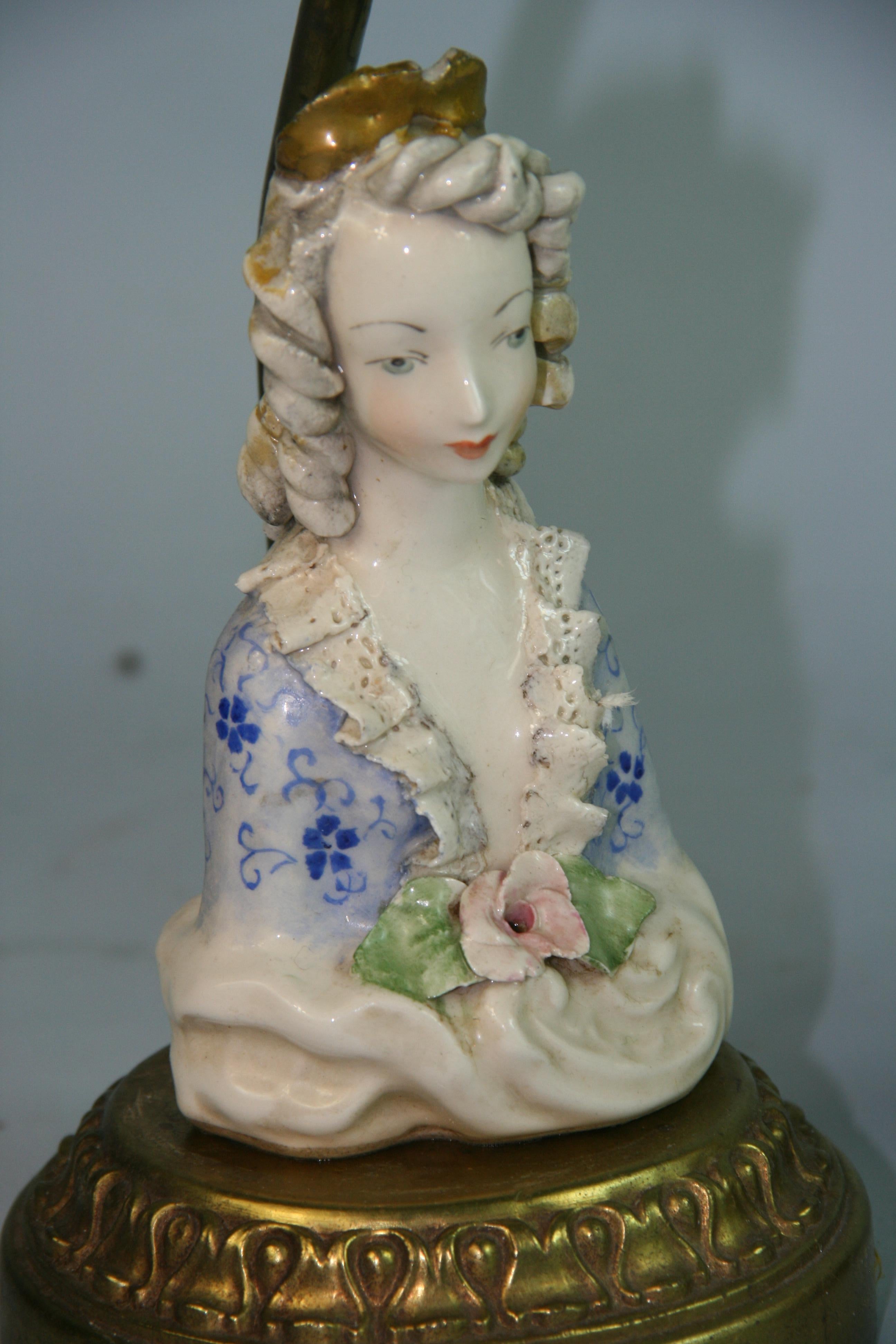 Antique Pair Hand Painted English Porcelain Figural Lamps For Sale 1