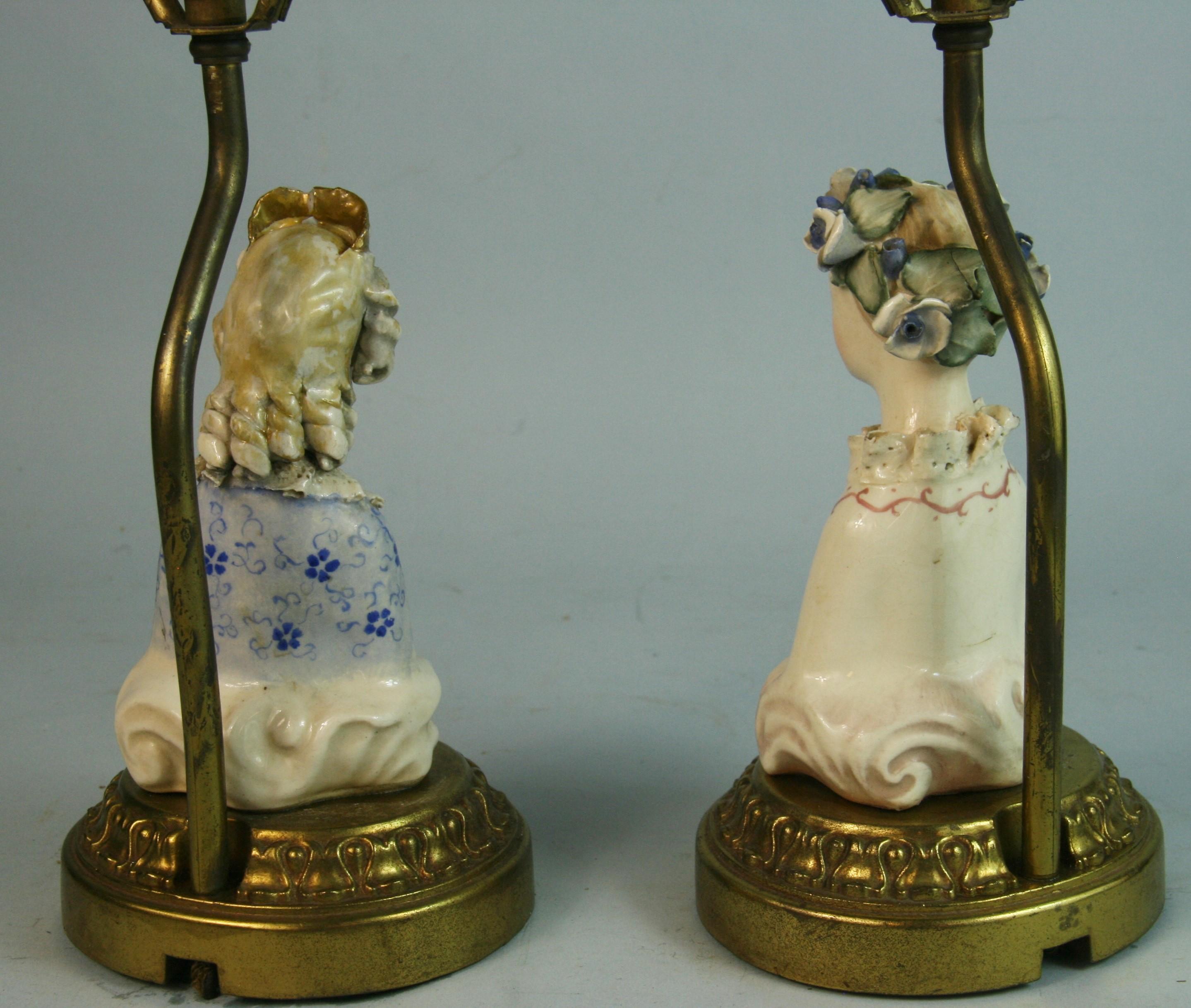 Antique Pair Hand Painted English Porcelain Figural Lamps For Sale 4