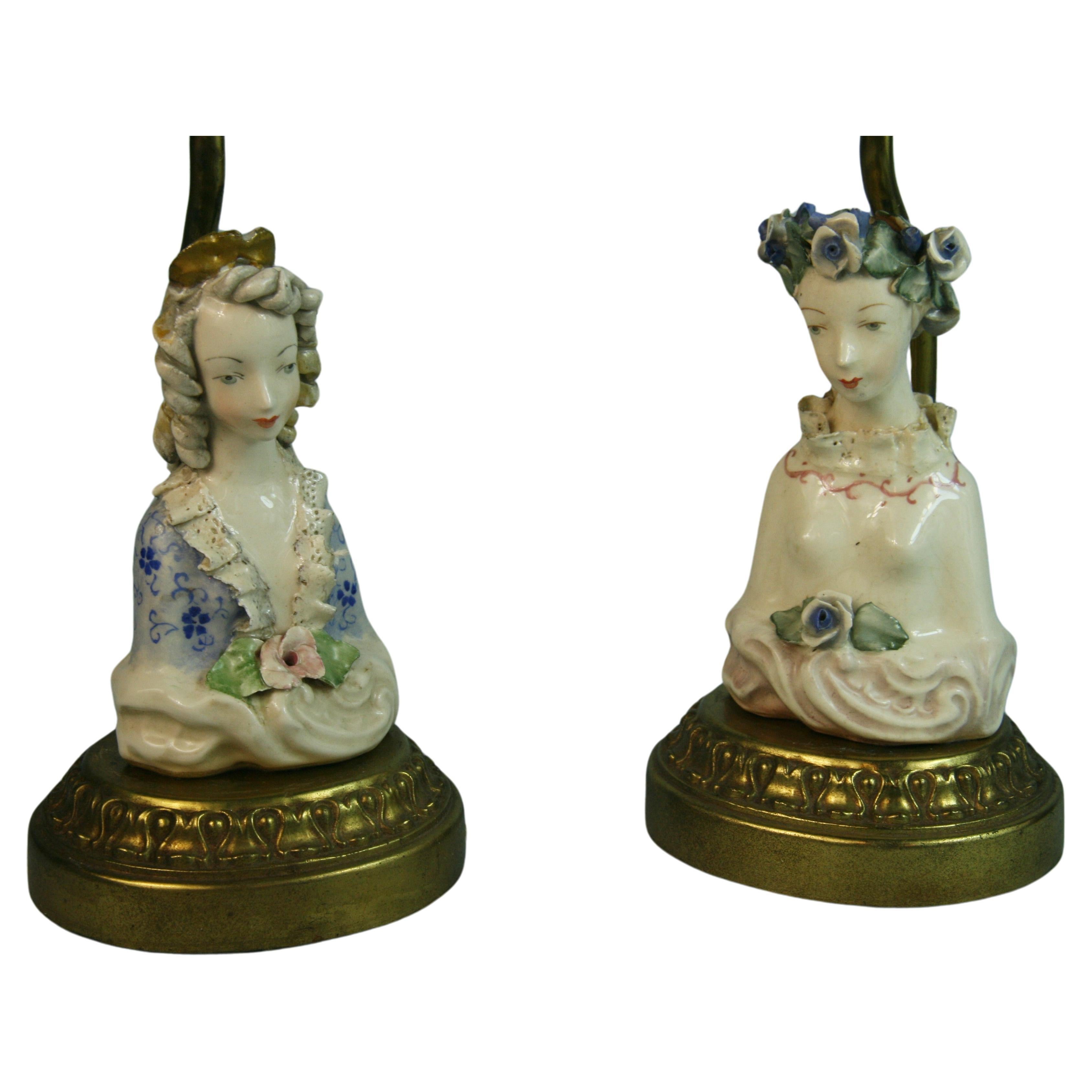 Antique Pair Hand Painted English Porcelain Figural Lamps