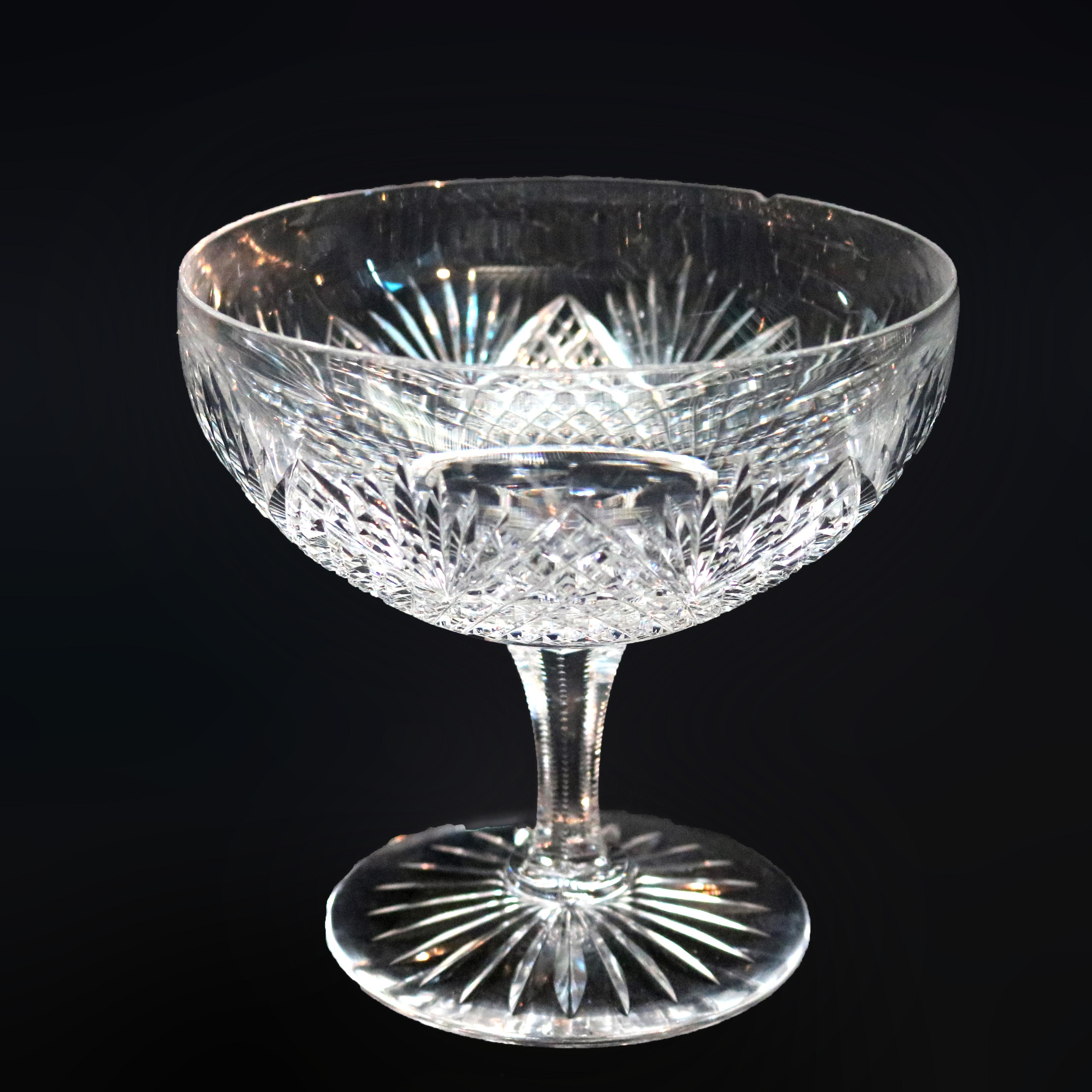 An antique pair of American brilliant cut glass dessert compotes by Hawkes, clover shaped acid etched maker mark on base as photographed, 20th century

Measures: 4.75