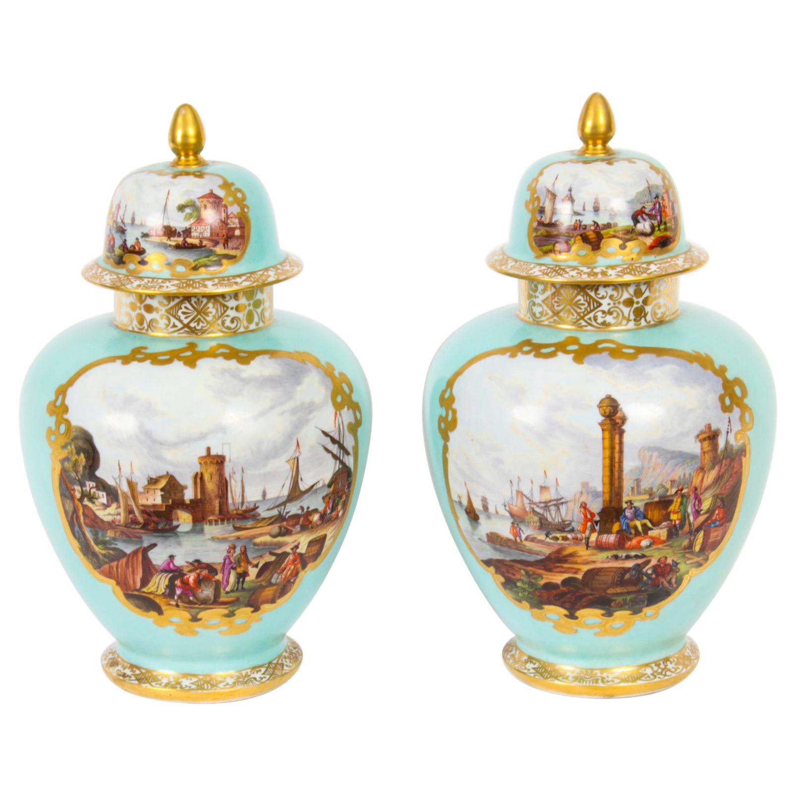Antique Pair Helena Wolfsohn Dresden Porcelain Vases Provenance 19th Century