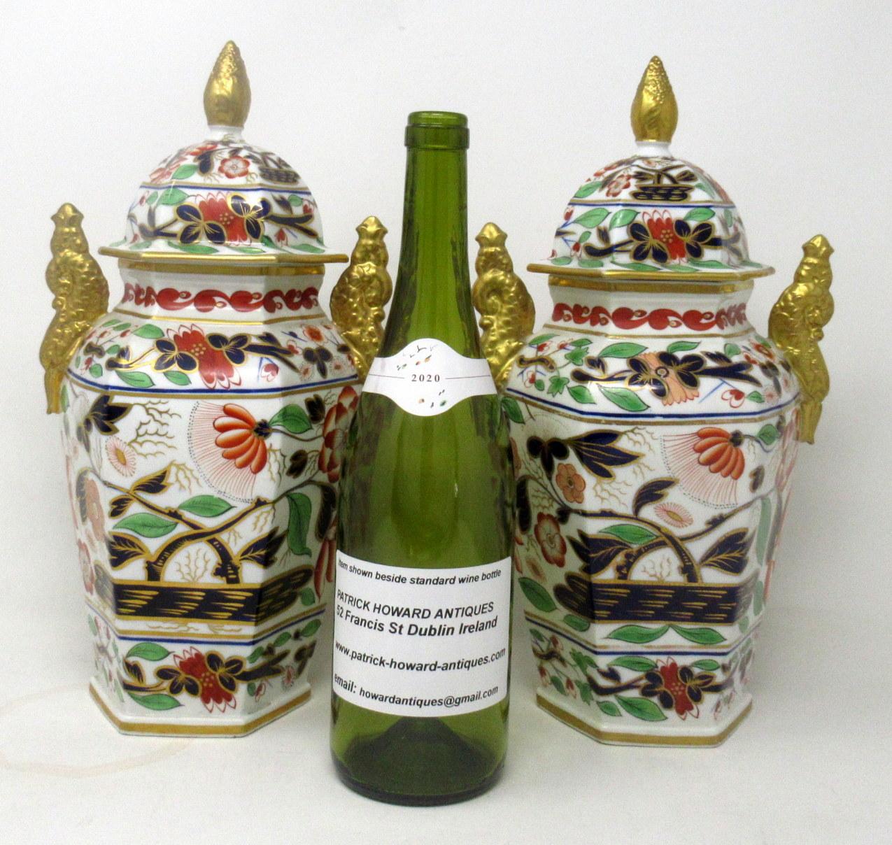 Antique Pair Hexagon English Chamberlains Worcester Imari Vases Urns Green Gilt 3