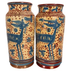 Antique Pair Hispano Moresque Copper Lustre Albarello Vases Manises Spain 1880