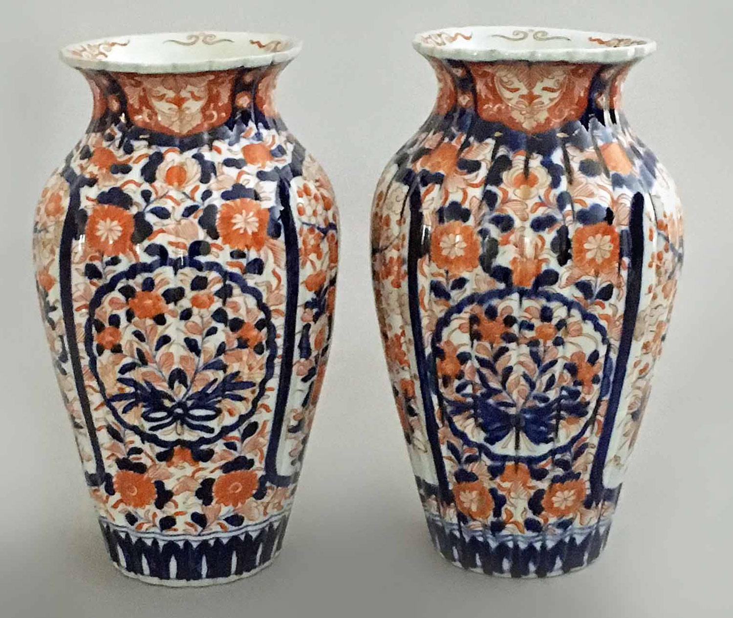 Glazed Antique Pair of Imari Open Vases