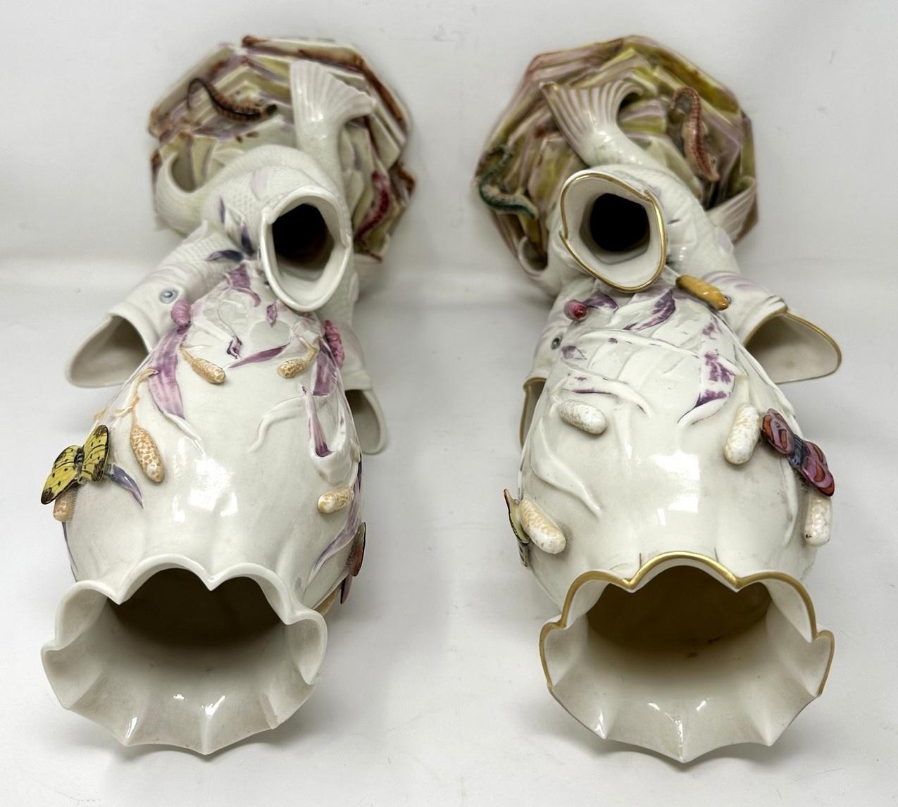 Antique Pair Irish Belleek Porcelain Triple Fish Rare Vases 1863-1890 Ireland  For Sale 3