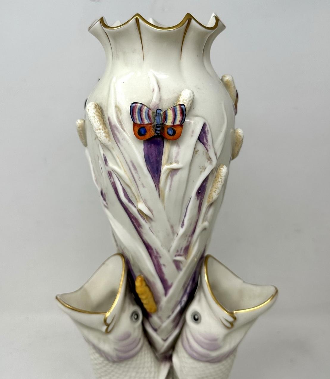 Victorian Antique Pair Irish Belleek Porcelain Triple Fish Rare Vases 1863-1890 Ireland  For Sale