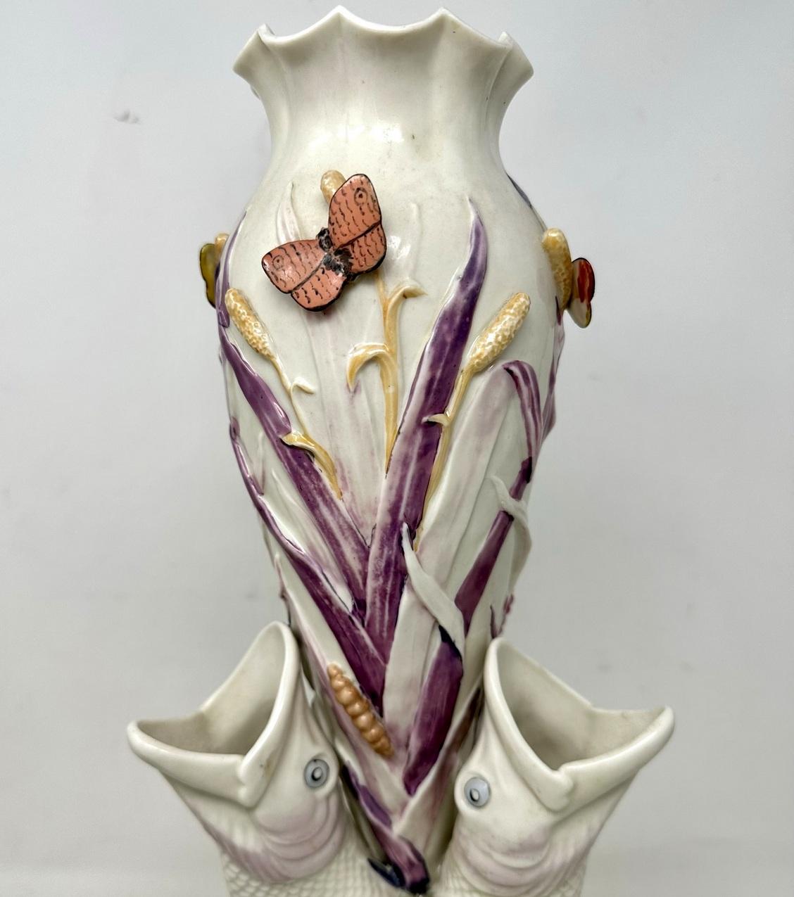 Antique Pair Irish Belleek Porcelain Triple Fish Rare Vases 1863-1890 Ireland  For Sale 2