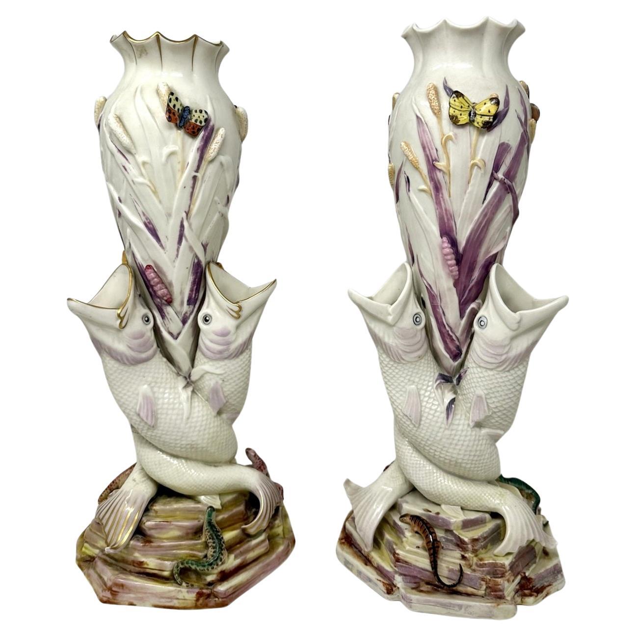 Antique Pair Irish Belleek Porcelain Triple Fish Rare Vases 1863-1890 Ireland  For Sale