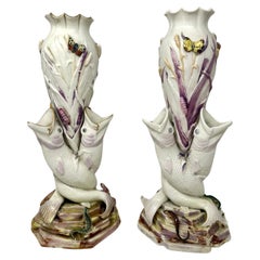 Antique Pair Irish Belleek Porcelain Triple Fish Rare Vases 1863-1890 Ireland