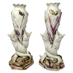 Antique Pair Irish Belleek Porcelain Triple Fish Rare Vases 1863-1890 Ireland 