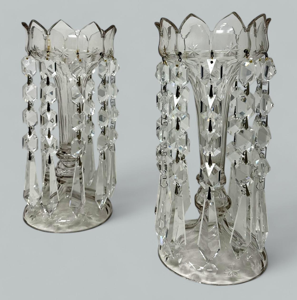 Hand-Carved Antique Pair Irish Waterford Crystal Hand Cut Full Lead Lustres Vases Ireland For Sale