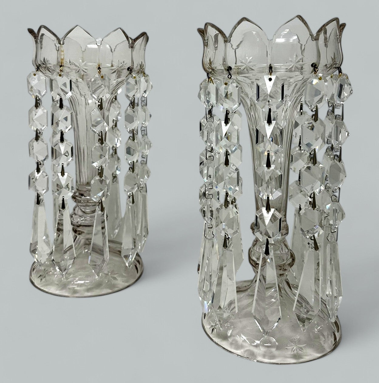 A Stylish Example of a Fine Pair of Hand Cut Full Lead Crystal Lusters of outstanding heavy gauge quality and good size proportions, made in Ireland by the World-famous Irish Glass Company Waterford Crystal, Waterford, County Tipperary. Late