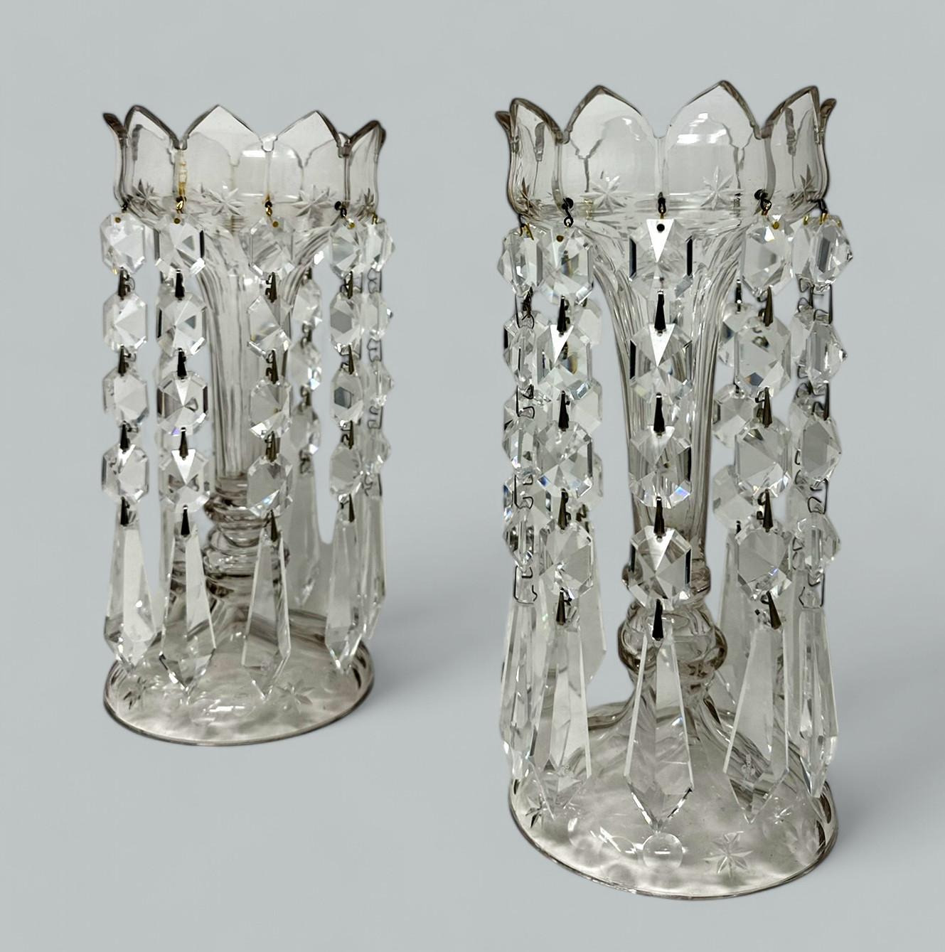 19th Century Antique Pair Irish Waterford Crystal Hand Cut Full Lead Lustres Vases Ireland For Sale