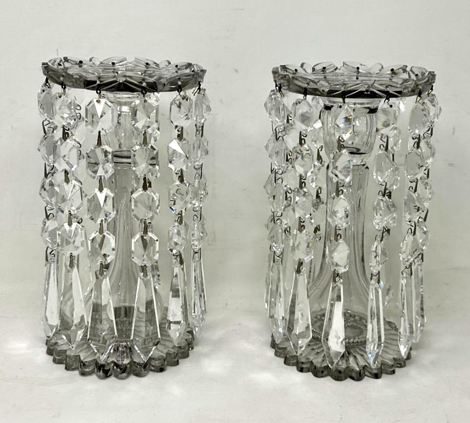 Hand-Carved Antique Pair Irish Waterford Crystal Hand Cut Full Lead Lustres Vases Ireland