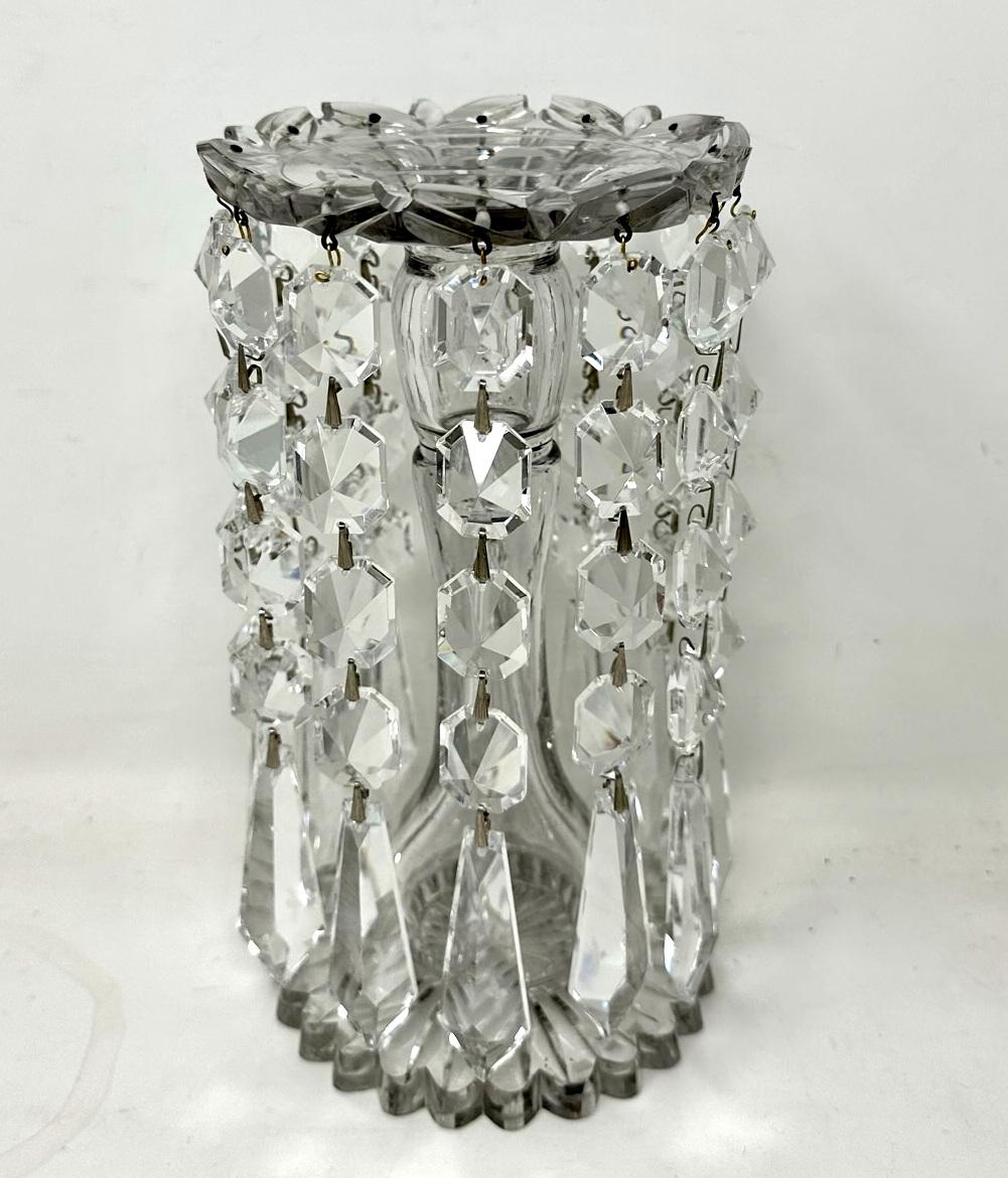 19th Century Antique Pair Irish Waterford Crystal Hand Cut Full Lead Lustres Vases Ireland
