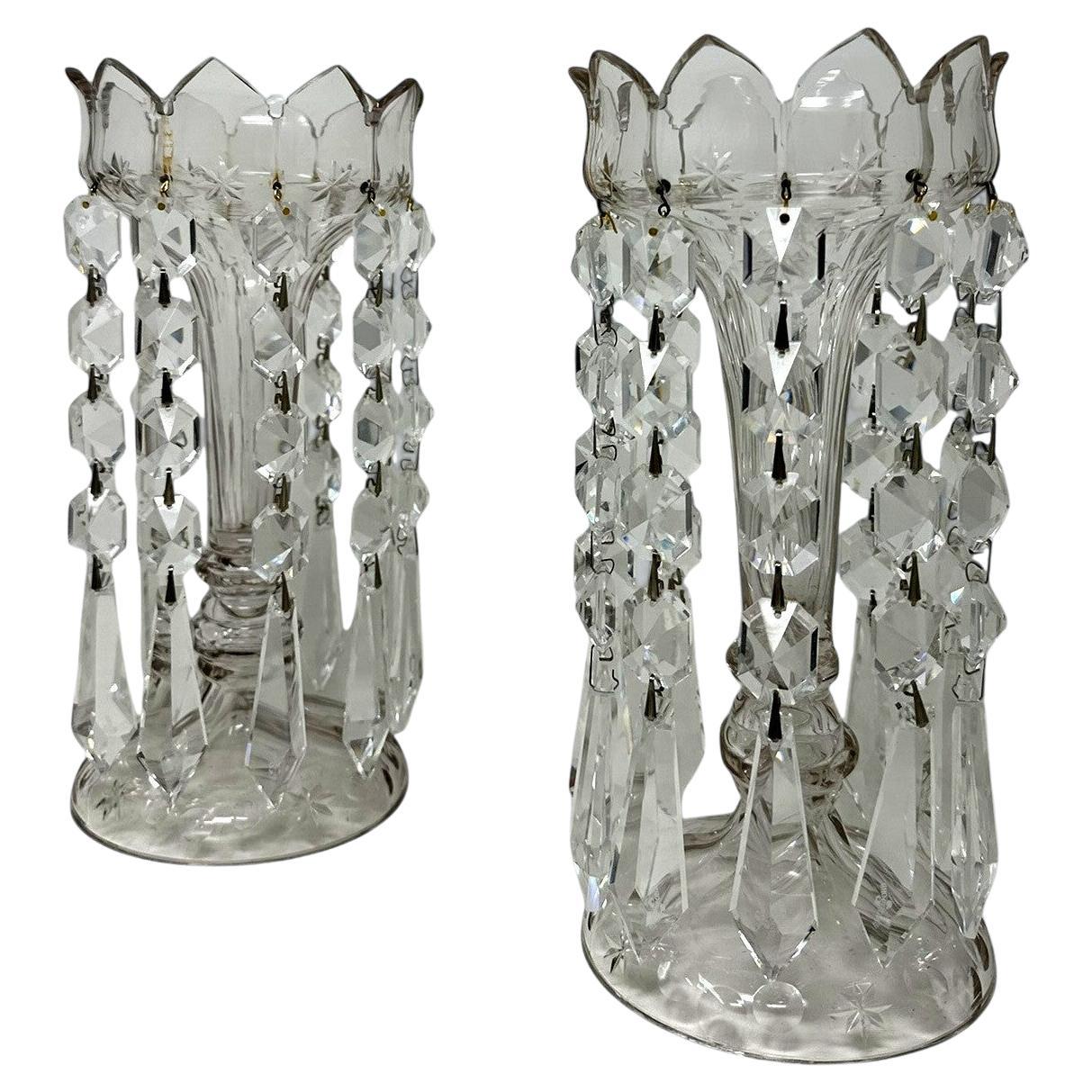 Victorian Antique Pair Irish Waterford Crystal Hand Cut Full Lead Lustres Vases Ireland For Sale