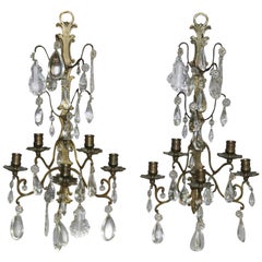 Antique Pair Italian Brass & Cut Crystal 5-Light Candle Wall Sconces, circa 1870