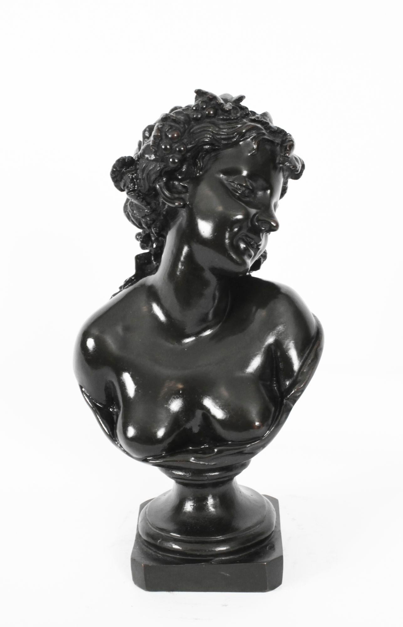 This is a fine antique pair of Italian Grand Tour solid bronze busts of Dionysus and Ariadne by Clodion, and bearing his signature, dating from the late 18th century.
 
The pair feature black patinated finely cast busts mounted on stepped and cut