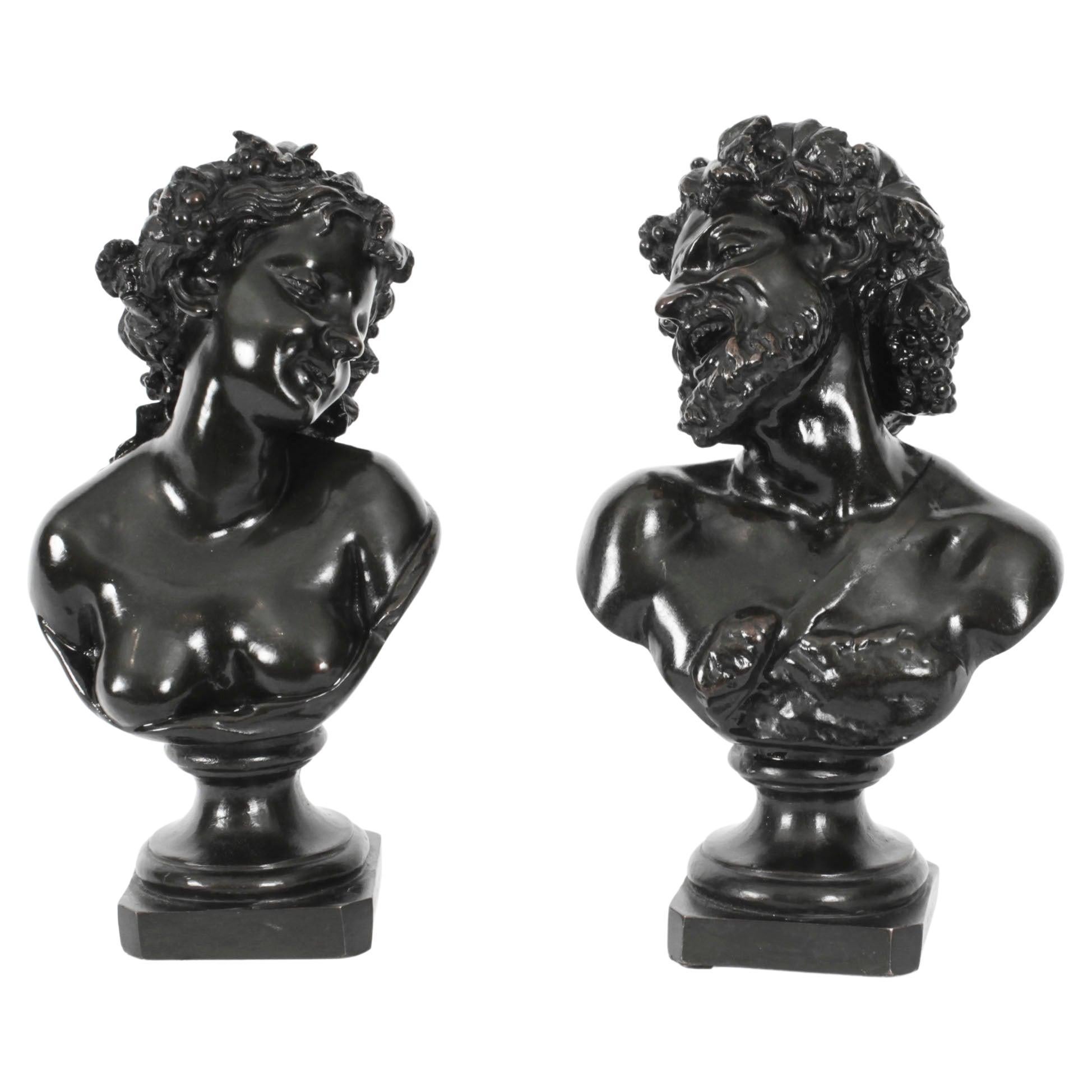 Antique Pair Italian Bronze Busts Dionysus and Ariadne by Clodion 18th Century