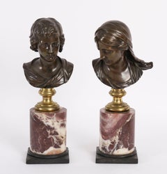 Antique Pair Italian Bronze Busts of Dionysus and Ariadne 19th Century